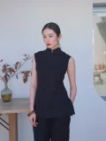 Black chinese qipao top with classic mandarin collar, sleeveless pinstripe design, and functional side pockets, a versatile top qipao for daily and formal wear.