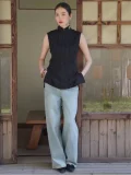 Black chinese qipao top with functional side pockets, classic mandarin collar, and sleeveless pinstripe design, a must-have top qipao for minimalist and retro styling.