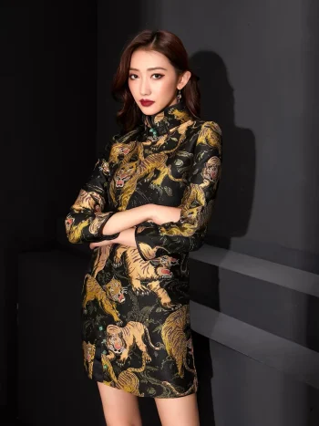 Black cheongsam short dress with bold tiger print, high mandarin collar, three quarter sleeves, and mini length, a stylish cheongsam black dress for both casual and formal events.