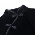 Close-up of traditional frog buttons on black velvet cheongsam short, classic fasteners for mini qipao dress