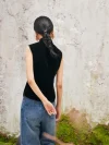 Back view of black sleeveless velvet mandarin collar qipao style blouse, showing smooth velvet fabric and tailored fit