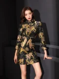 Full front view of a cheongsam black dress with intricate tiger print, traditional high mandarin collar, and mini length, a chic cheongsam short dress for parties, night outs and themed events.