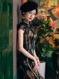 Side standing view of a cheongsam dress vintage shanghai style, with a sleek form-fitting long cut, traditional frog buttons, and luxurious brushed fabric for a timeless retro look.