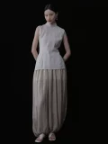 Full front view of a chinese cheongsam top with a classic cheongsam collar, sleeveless pinstripe design, and elegant tailored fit, a versatile cheongsam style top for all occasions.