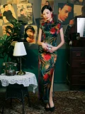 Full view of an old Shanghai style vintage qipao dress with vibrant floral print, high slit skirt, and mulberry silk fabric, perfect for retro themed events.