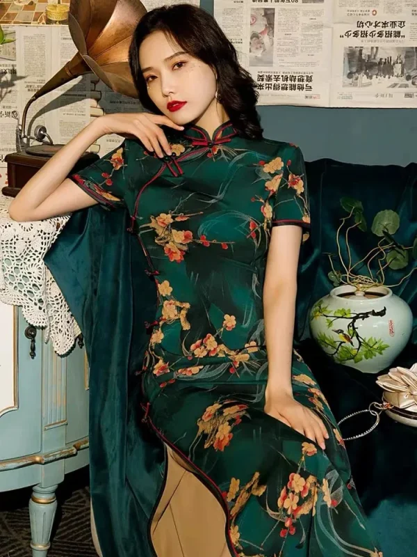 Elegant Old Shanghai short sleeve long cheongsam with green floral print, vintage-inspired look