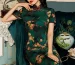 Elegant Old Shanghai short sleeve long cheongsam with green floral print, vintage-inspired look