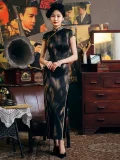 Elegant styled look of a long vintage cheongsam dress, featuring a high slit skirt, classic mandarin collar, and smooth silk-like fabric, perfectly capturing the timeless charm of old shanghai cheongsam dress.