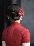 Back view detail of plus size red long cheongsam, showing mandarin collar and fabric pattern