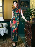 Old Shanghai inspired vintage qipao dress with bold floral print, high slit, and mulberry silk fabric, a classic choice for retro bridal and formal events.