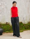 Model in red sleeveless chinese cheongsam blouse, front view of modern cheongsam style top