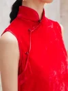 Close-up of mandarin collar on red modern cheongsam blouse, chinese cheongsam style top