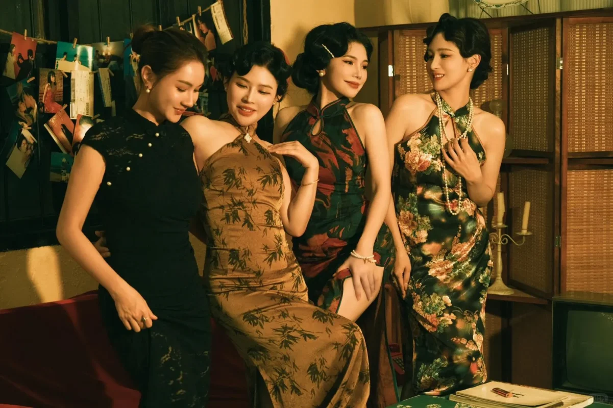Group of women wearing retro modern halter cheongsam qipao dresses in a vintage 1990s-style setting, highlighting unique qipao dress designs that blend traditional elements with contemporary fashion, perfect for exploring what a qipao dress is.