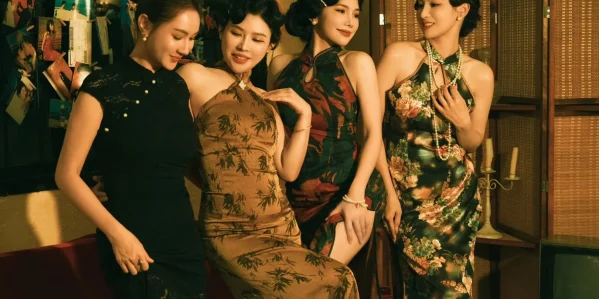 Group of women wearing retro modern halter cheongsam qipao dresses in a vintage 1990s-style setting, highlighting unique qipao dress designs that blend traditional elements with contemporary fashion, perfect for exploring what a qipao dress is.