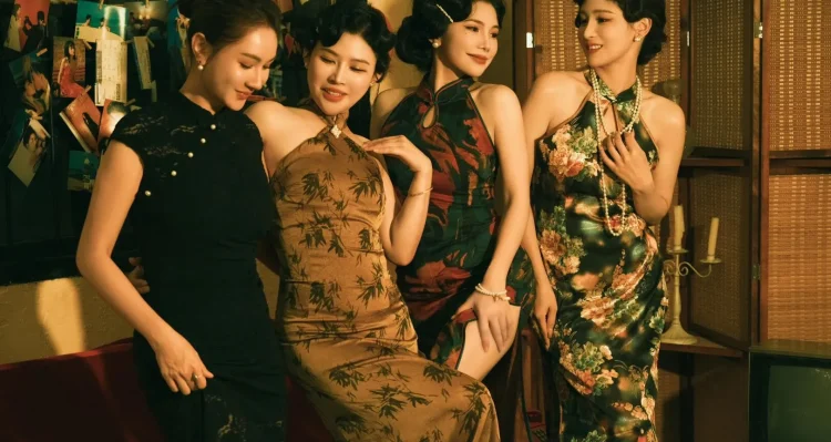 Group of women wearing retro modern halter cheongsam qipao dresses in a vintage 1990s-style setting, highlighting unique qipao dress designs that blend traditional elements with contemporary fashion, perfect for exploring what a qipao dress is.
