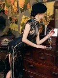 Side view of a shanghai cheongsam dress with vintage design, form-fitting long silhouette, high slit, and refined gold trim, styled to embody the iconic old shanghai retro aesthetic.