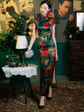 Styled look of an old Shanghai vintage qipao dress, featuring vibrant floral print, traditional frog buttons, and luxurious silk fabric for a timeless retro aesthetic.
