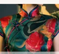 Close-up of a vintage qipao dress mandarin collar with traditional frog buttons and colorful piping trim, showcasing classic old Shanghai style craftsmanship.