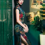 Side view of a vintage qipao dress inspired by old Shanghai fashion, featuring a high slit skirt, form-fitting silhouette, and luxurious silk fabric.