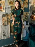 Front view of vintage Shanghai cheongsam, short sleeve long style with traditional floral print