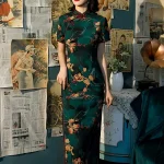 Front view of vintage Shanghai cheongsam, short sleeve long style with traditional floral print