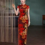 Elegant woman wearing a 19 mome mulberry silk red floral pattern long qipao, standing by beaded curtains in a vintage-style room, showcasing the luxurious silk fabric and traditional cheongsam silhouette.