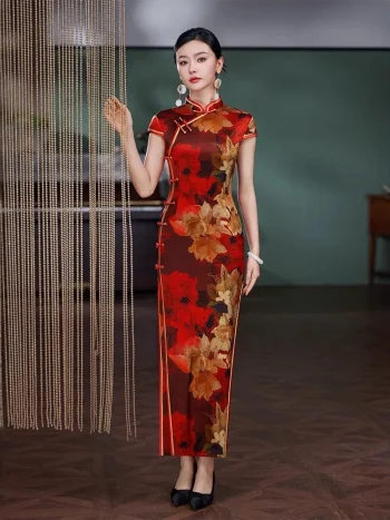 Elegant woman wearing a 19 mome mulberry silk red floral pattern long qipao, standing by beaded curtains in a vintage-style room, showcasing the luxurious silk fabric and traditional cheongsam silhouette.