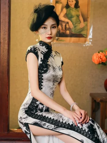 Elegant woman sitting in a vintage studio, wearing 1920s Shanghai Chinese silk cheongsam with ink-wash bamboo print, black lace trim, and high slit, showcasing retro glamour.