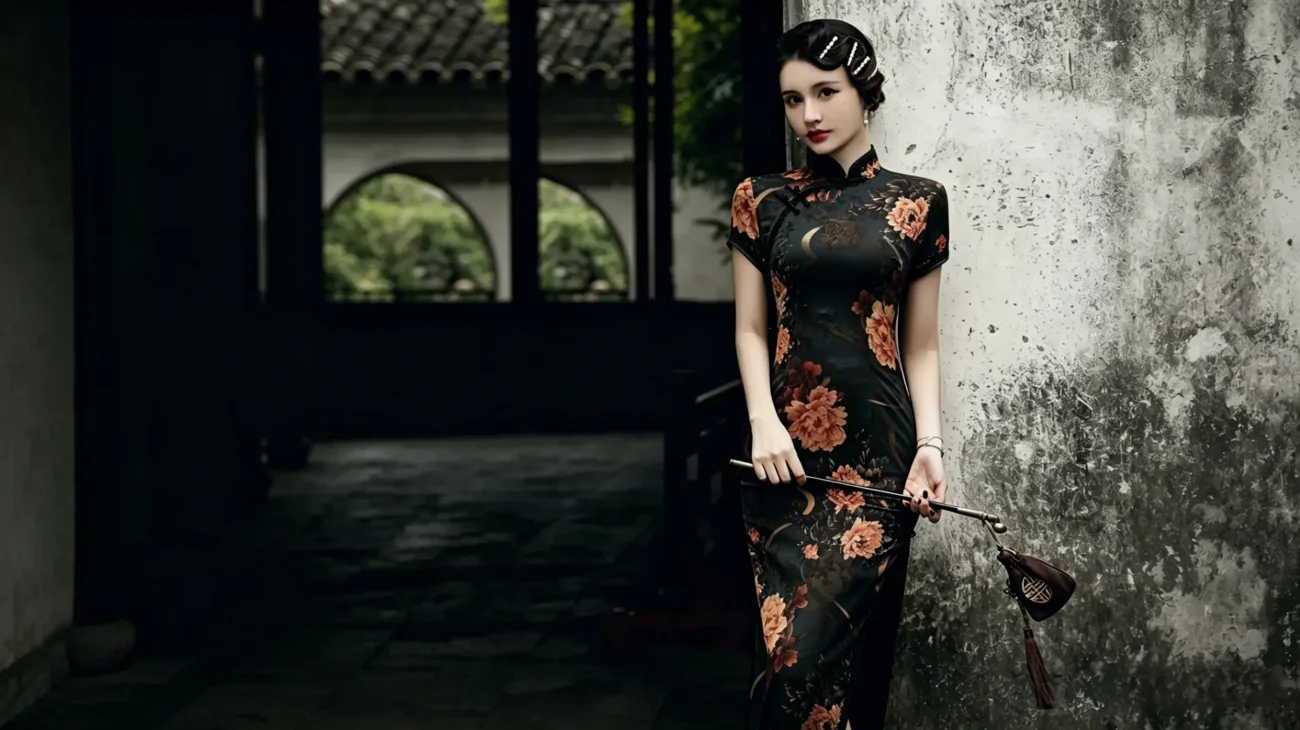 Young Chinese woman with vintage old Shanghai wave hairstyle, wearing a fitted full-length black peony floral cheongsam, holding a traditional tassel cane in a Chinese garden