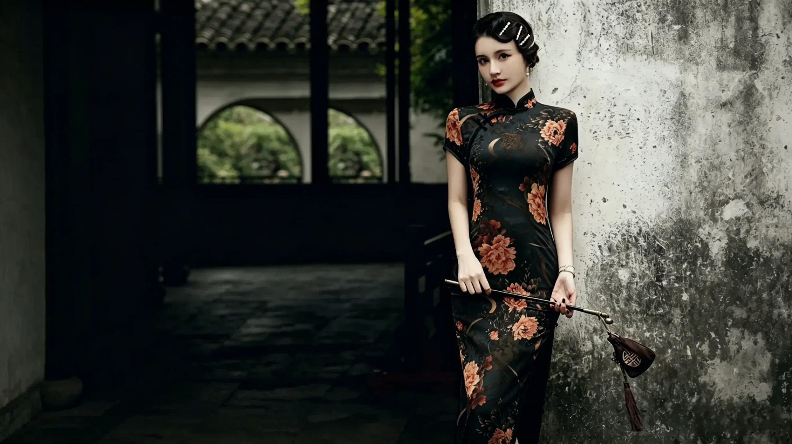 Young Chinese woman with vintage old Shanghai wave hairstyle, wearing a fitted full-length black peony floral cheongsam, holding a traditional tassel cane in a Chinese garden