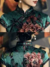Close-up detail of the Old Shanghai peony cheongsam collar, showing the traditional frog buttons on the front and the back zipper, made of 19 Mome mulberry silk with peony print.
