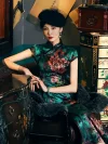 Vintage Old Shanghai style 19 Mome mulberry silk women's cheongsam with green peony print, featuring a model seated in a retro room with classic furniture, wearing a black net hat and fur shawl.