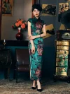 Front view of a woman in a vintage Old Shanghai peony cheongsam made of 19 Mome mulberry silk, with a black net fascinator, standing in a classic retro interior with old photos and gramophone.