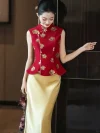 Modern 2 Piece Red and Gold Qipao - Chinese wedding qipao with gold sequin flower embroidery on red peplum vest, paired with smooth golden satin maxi skirt, bride holding flower bouquet in elegant indoor setting