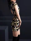 Back side view of a woman wearing a black and gold dragon cheongsam dress, showing the clean back design, intricate dragon embroidery pattern, and the sleek silhouette of this short cheongsam dress.
