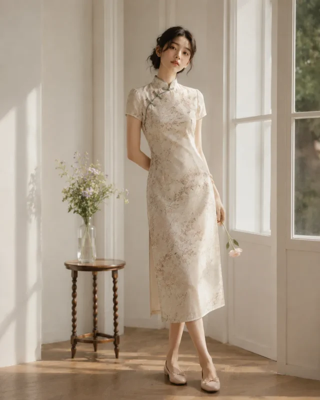 Soft pink ballet flats, gentle casual shoes for midi floral cheongsam