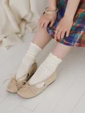 Beige Mary Jane qipao-style shoes with white vintage lace socks, worn with a plaid dress for a cute, casual retro-inspired outfit