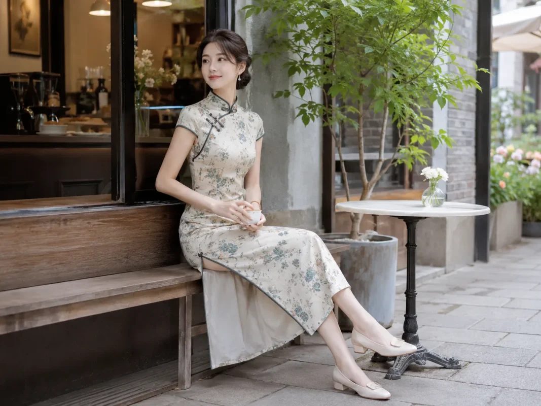 Casual beige blue floral midi cheongsam with nude low heel pumps for daily city café outings
