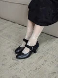 Black 1920s replica cheongsam leather shoes, mary jane style qipao shoes paired with floral socks and traditional cheongsam