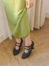 1920s replica black jacquard leather qipao kitten heel shoes with green qipao dress, vintage Republic of China mary jane shoes with double straps