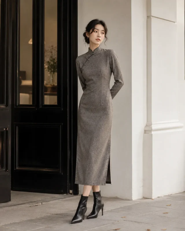Elegant black heeled ankle boots, autumn winter shoes for long sleeve midi modern cheongsam