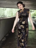 Lifestyle view of the qipao black dress, a Chinese Black Sleeveless Plus Size Long Daily Cheongsam, highlighting the flowing fabric drape and side slit detail of this black sleeveless cheongsam as the model walks, blending classic cheongsam charm with modern comfort for everyday use.