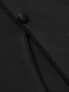 Extreme close-up of the traditional frog button and fine stitching on a black chinese mandarin collar qipao top, highlighting the premium craftsmanship of this modern qipao inspired top.
