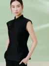 Close-up shot of a model wearing a women's chinese sleeveless black cheongsam top, highlighting the elegant mandarin collar and clean lines of this black qipao collar top.