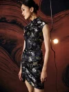 Side view of model in black silk mini cheongsam dress, highlighting the traditional side placket, frog buttons, and intricate koi fish jacquard pattern that reflects light on the smooth satin material.