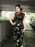 Model wearing the Chinese Black Sleeveless Plus Size Cheongsam Qipao Dress, a black sleeveless cheongsam with elegant gold fan and bamboo prints, showcasing the form-fitting silhouette of this cheongsam qipao plus size in an outdoor setting, perfect for daily wear and themed occasions.