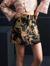 Close-up detail shot of the ink black tiger jacquard A-line short skirt, focusing on the intricate tiger pattern jacquard, front button placket, and high waist design; premium black short skirt with bold statement print