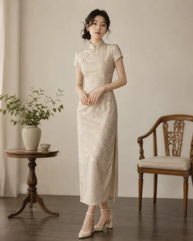 Stable nude block heels, comfortable long-wear shoes for jacquard long cheongsam