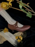 Brown 1920s replica cheongsam leather shoes styled with lace socks and dried flowers, elegant qipao shoes for retro photoshoots