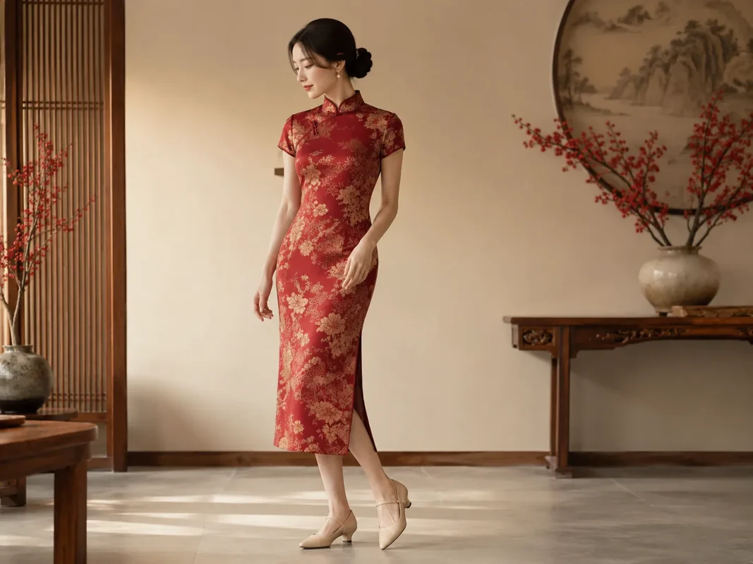 Traditional burgundy gold floral jacquard cheongsam with nude low heel Mary Jane shoes for Chinese festive occasions